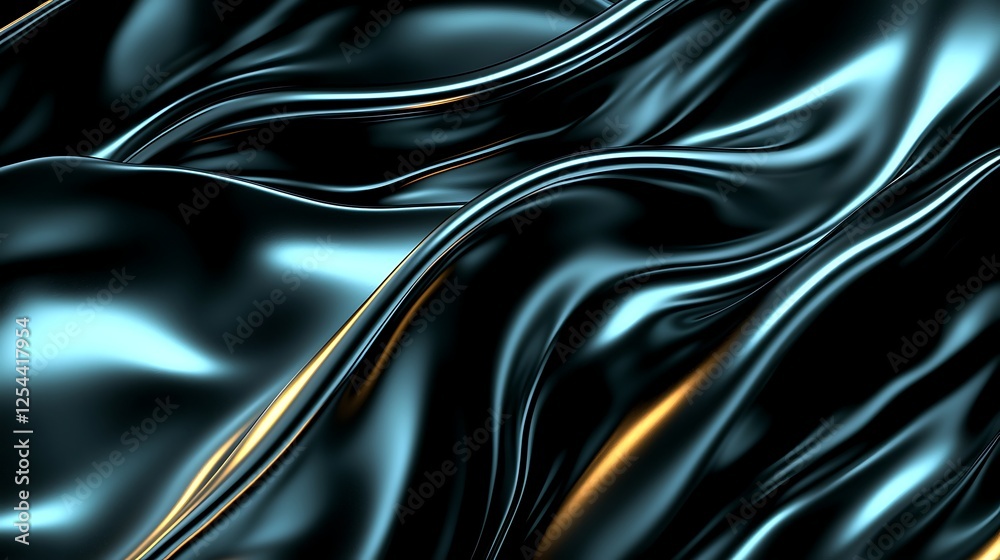 Fototapeta premium Dark, flowing fabric with gold highlights, abstract, backdrop for graphic design.