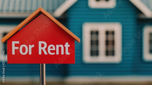 A vibrant for rent sign in front of a charming blue house.