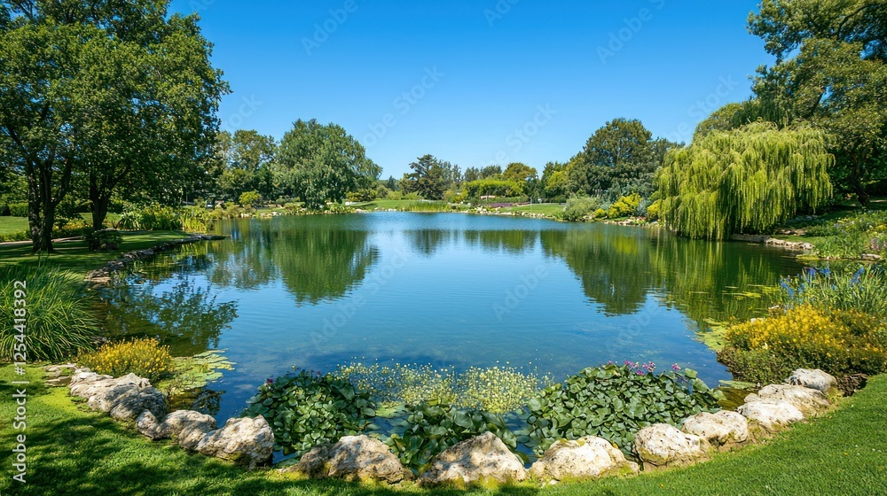 Fototapeta premium Clear summer skies over a peaceful lake surrounded by greenery