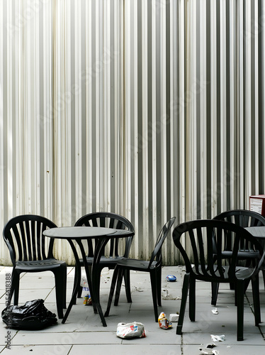 Outdoor dining area with discarded trash, highlighting urban blight and disposable culture, the ephemeral traces in city, visual narrative of modern societal woes
