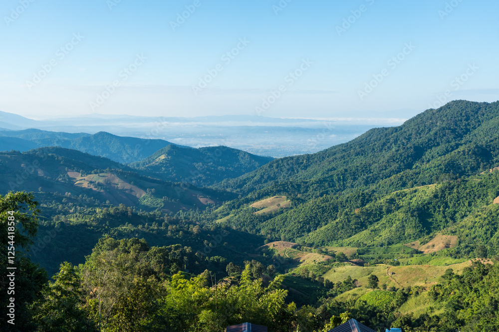Naklejka premium Beautiful Landscape of mountain layer in morning at Na Noi District, Nan Province, Thailand