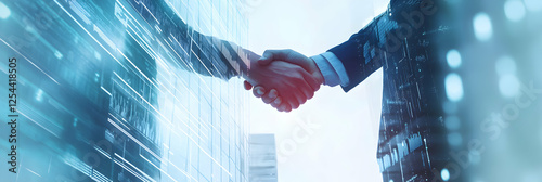 Digital handshake agreement, Conceptual imagery of global business collaboration with data network overlaid on a handshake against cityscape background