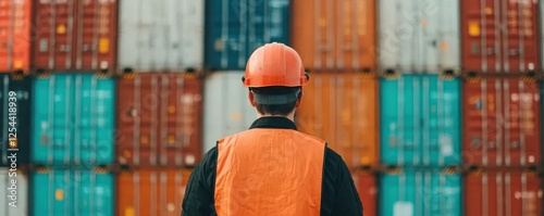 A worker inspecting cargo containers in a freight yard.