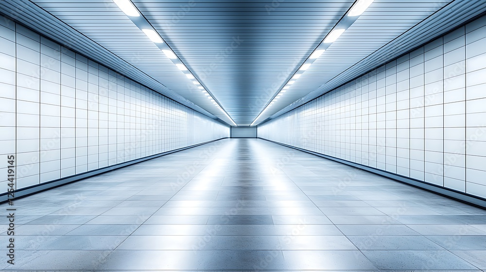 Empty modern tunnel perspective with bright lights and tiled walls. Empty modern tunnel perspective with bright lights and tiled walls.