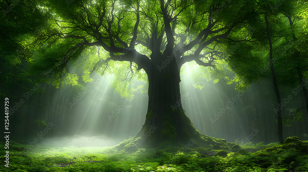 Obraz premium Sunlit Ancient Tree In Lush Forest