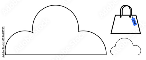 Cloud-shaped icons of varying sizes alongside a shopping bag with a blue price tag. Ideal for e-commerce, online storage, cloud computing, digital security, online services, shopping, and data