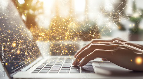 Navigating Digital Frontiers, A Journey Through Online Innovation and Future Connectivity on a Laptop with Illuminated Data Network