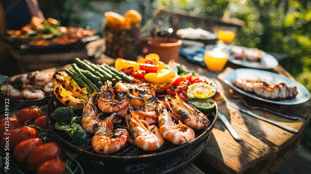 Grilled seafood platter with shrimp and vegetables for a summer meal Grilled seafood platter with shrimp and vegetables for a summer meal