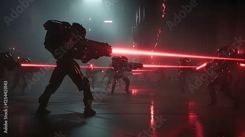 A thrilling sci-fi battle scene featuring futuristic soldiers and massive mechs engaged in intense combat, shooting lasers at each other in a high-tech environment photo