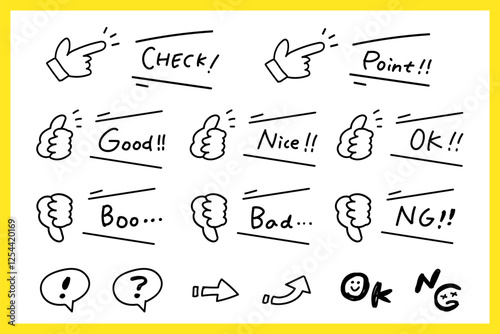 Set of hand gesture icons and speech bubbles in hand-drawn doodle style Pose Illustration