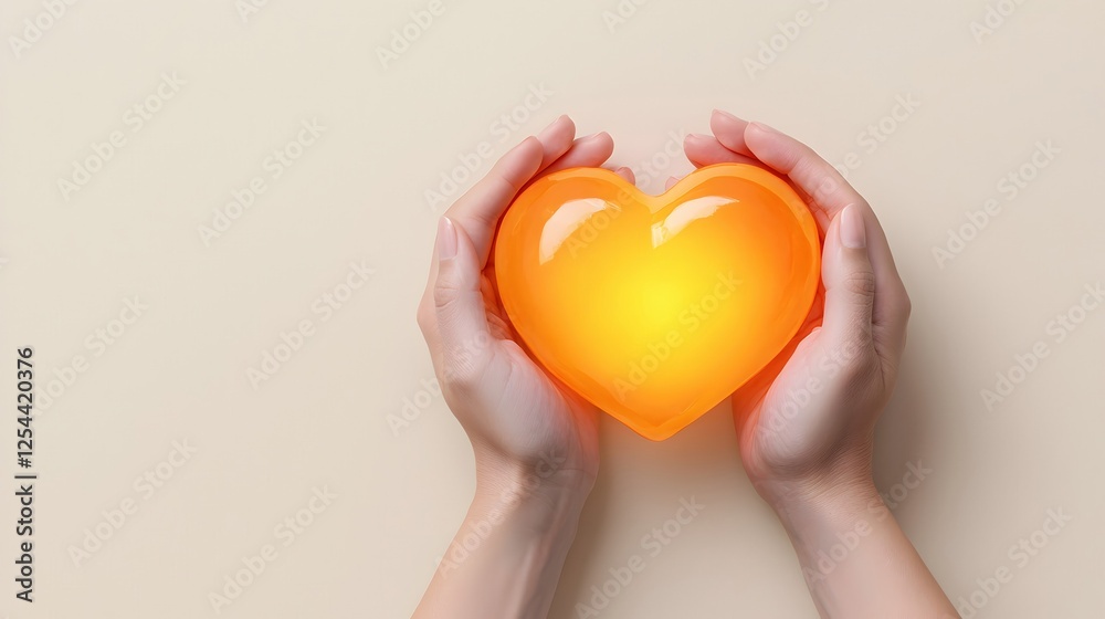 Hands Holding a Glowing Orange Heart Shaped Object on Light Background