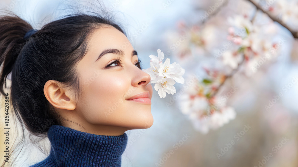 German woman in blue ribbed necks enjoys fresh air in park with cherry blossom German woman in blue ribbed necks enjoys fresh air in park with cherry blossom