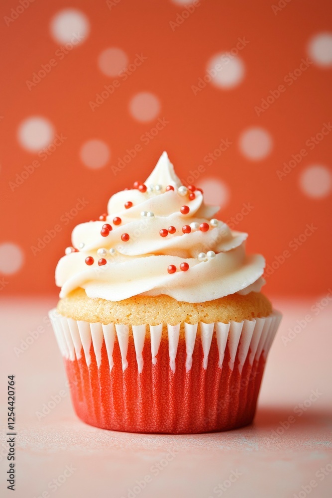 Deliciously decorated cupcake with creamy frosting and sprinkles on a polka dot background Deliciously decorated cupcake with creamy frosting and sprinkles on a polka dot background