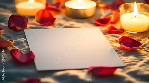 A blank white card on a soft bed surrounded by delicate rose petals and warm candlelight, creating the perfect romantic atmosphere for sending a heartfelt message. The soft, glowing lighting enhances  photo