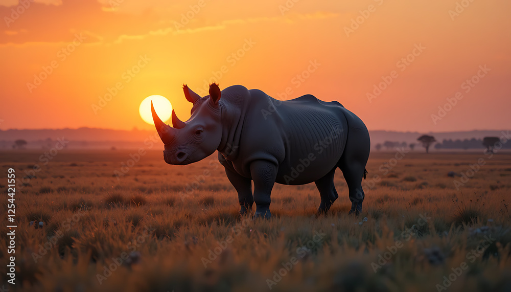 Fototapeta premium Majestic Rhino in Golden Sunset Grasslands at Dusk