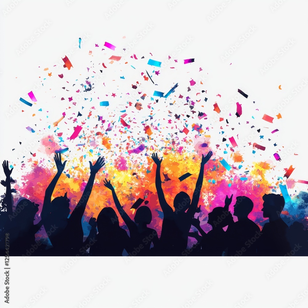 Fototapeta premium Celebratory Crowd with Colorful Confetti and Vibrant Paint Splashes in a Festive Environment