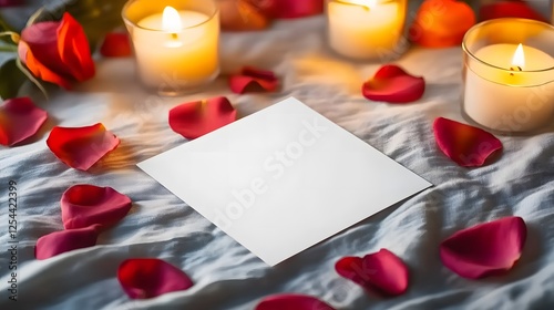 A blank white card on a soft bed surrounded by delicate rose petals and warm candlelight, creating the perfect romantic atmosphere for sending a heartfelt message. The soft, glowing lighting enhances  photo