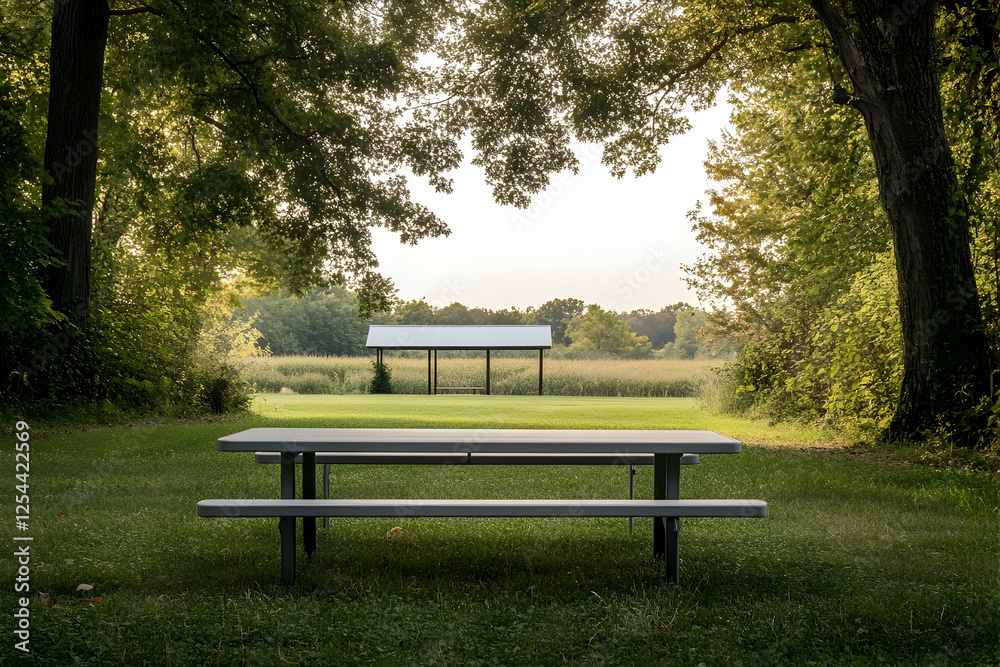 Serene getaway, An inviting picnic table nestled in a sun-dappled clearing, framed by lush foliage and a distant pavilion, beckoning relaxation and outdoor enjoyment Serene getaway, An inviting picnic table nestled in a sun-dappled clearing, framed by lush foliage and a distant pavilion, beckoning relaxation and outdoor enjoyment