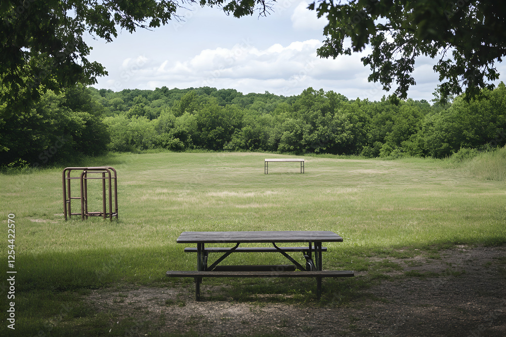 An open field with picnic tables invites outdoor gatherings beneath a sky brushed with soft clouds and framed by the gentle embrace of leafy trees An open field with picnic tables invites outdoor gatherings beneath a sky brushed with soft clouds and framed by the gentle embrace of leafy trees