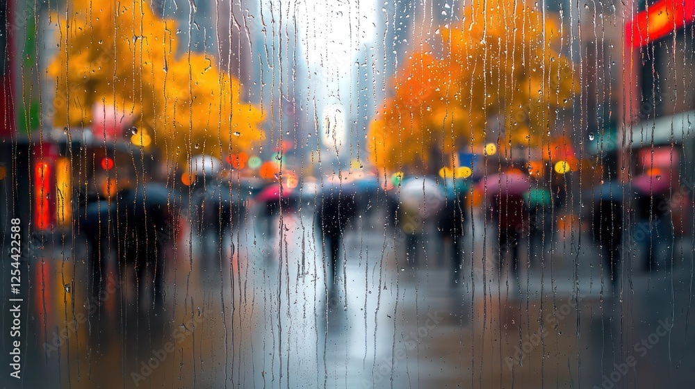 Naklejka premium Rainy City Street Scene Through A Window