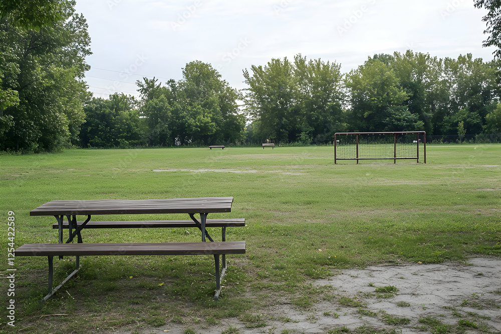 Serene park scene featuring a wooden picnic table, open green space, and distant trees against a muted sky, evoking tranquility and leisure Serene park scene featuring a wooden picnic table, open green space, and distant trees against a muted sky, evoking tranquility and leisure