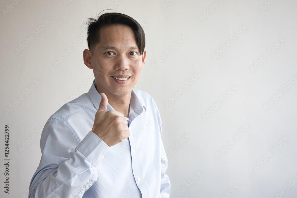 Happy smiling Asian middle aged old man showing approving, passing, good, yes, go for it, good to go, thumb up hand gesture, casual office worker styling Happy smiling Asian middle aged old man showing approving, passing, good, yes, go for it, good to go, thumb up hand gesture, casual office worker styling