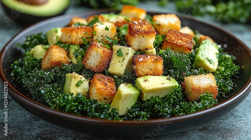 A delicious, healthy salad featuring crispy croutons, fresh avocado, and vibrant kale