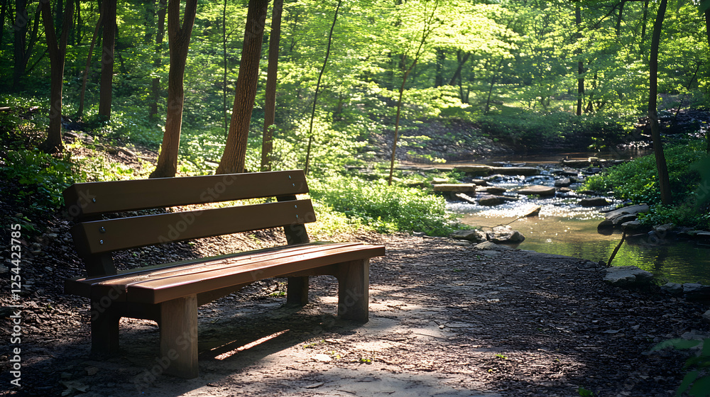 Tranquil woodland scene featuring a bench near a gentle stream, inviting peaceful contemplation and a connection with the natural world Tranquil woodland scene featuring a bench near a gentle stream, inviting peaceful contemplation and a connection with the natural world
