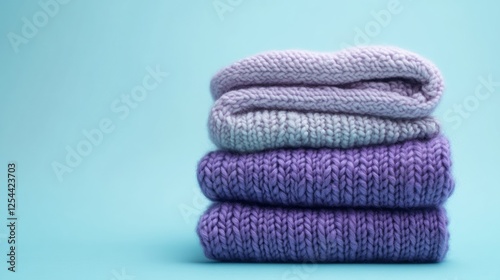 Stacked purple knitted sweaters on blue background