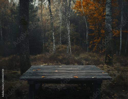 An enigmatic tableau, a weathered picnic table rests within a serene autumnal forest, bathed in muted light, hinting at untold stories and solitary moments photo