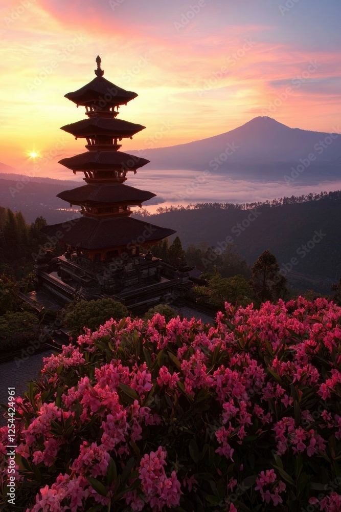 Obraz premium Serene sunset over a traditional pagoda surrounded by blooming flowers and distant mountains