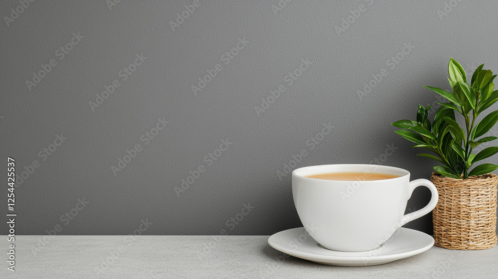 Obraz premium white tea cup filled with smooth liquid sits on saucer beside small potted plant, creating serene and inviting atmosphere