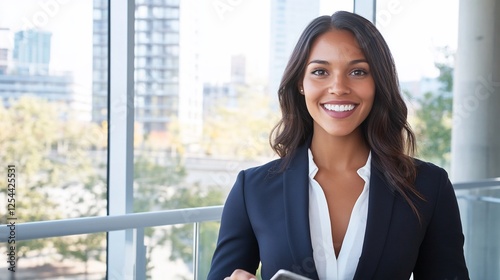 Smiling businesswoman, modern office, city view, confident, professional portrait Free Download Smiling businesswoman, modern office, city view, confident, professional portrait - GFXLoad