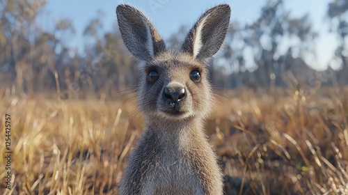 Close-up of a curious kangaroo in a sunlit grassy field with trees in the background