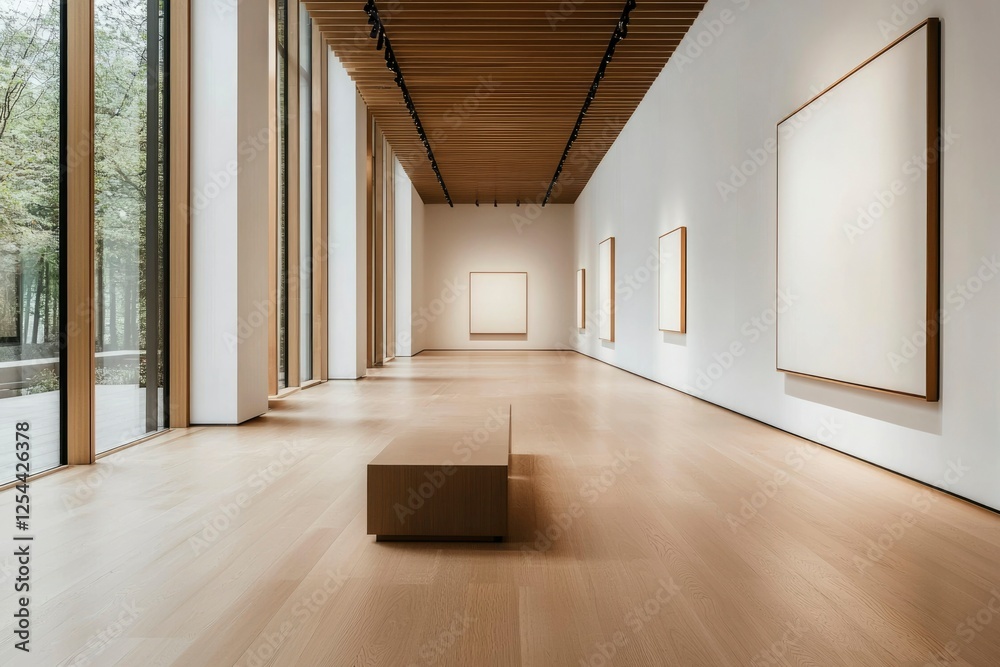 Obraz premium Modern art gallery showcasing minimalist artwork with natural light streaming in through large windows