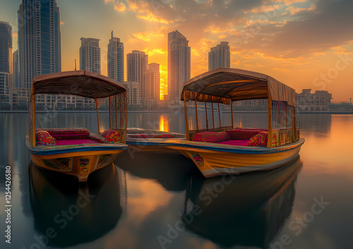 Tranquil reflections, Traditional abra boats rest on calm waters as the Dubai skyline glows under a vibrant sunrise sky creating a serene ambiance photo