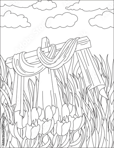 Jesus Cross With Flower Coloring Page Vector