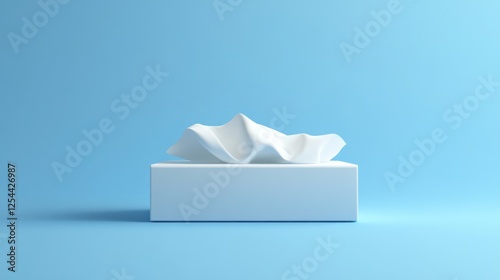 White tissue box on blue background, clean minimalist design, for hygiene product packaging