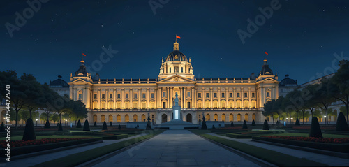 Illustrate the Royal Palace in Madrid at night, with its majestic facade glowing and the surrounding gardens softly lit.