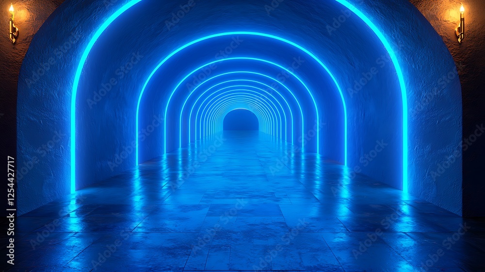 Obraz premium Neon tunnel, luminous arches, perspective view, use as background or wallpaper.