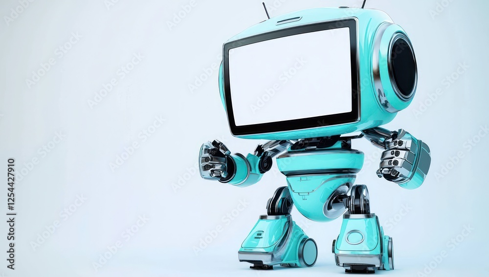 Fototapeta premium Small-sized robot presenting a blank screen from the right side, ideal for digital product ads, on a clean white backdrop.