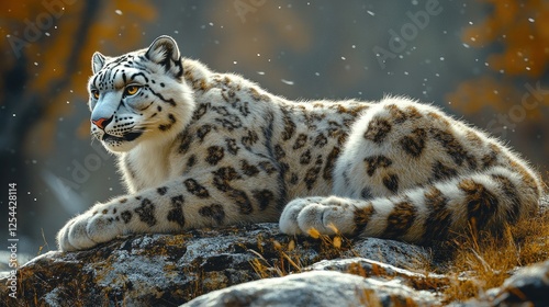 Majestic snow leopard resting on a rock amidst autumn foliage with falling snowflakes