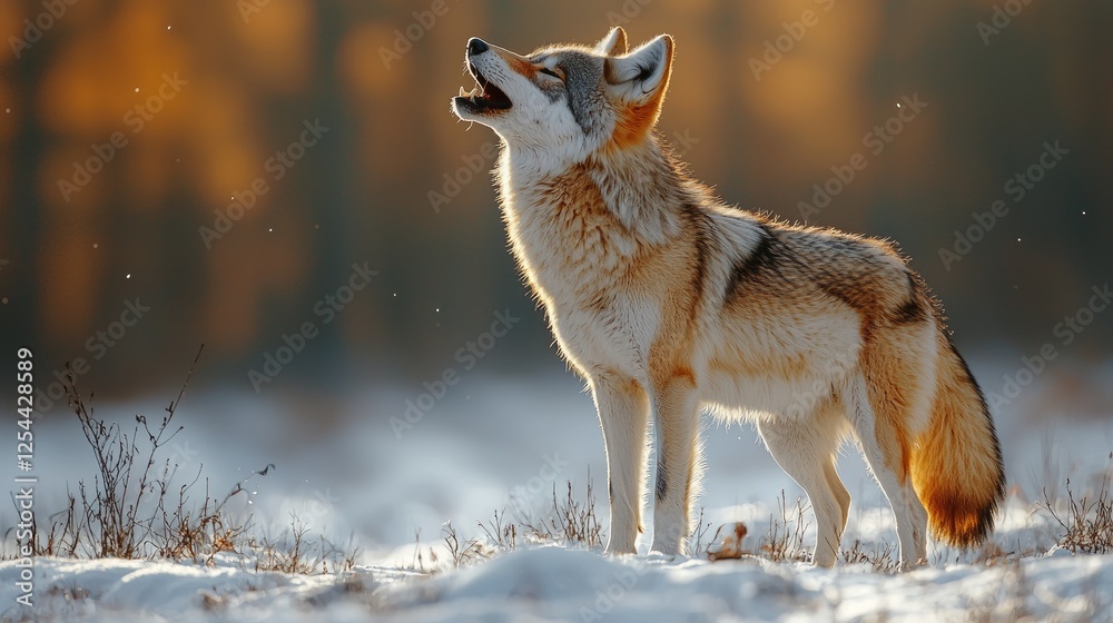 Obraz premium A coyote howling in the snow-covered landscape during a serene winter sunset