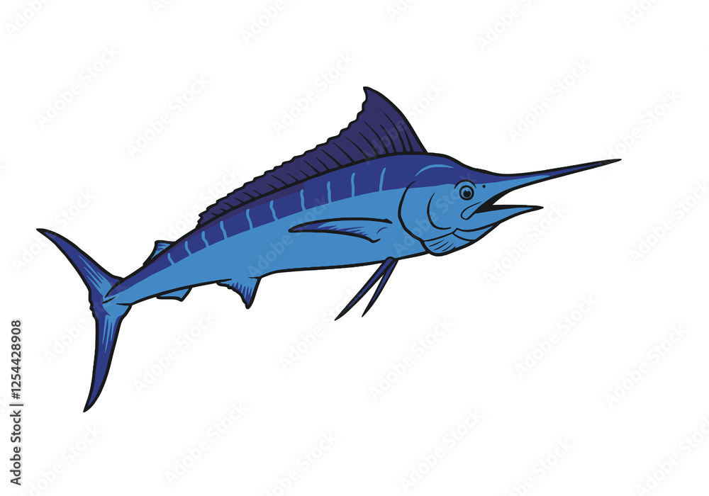 Fototapeta premium Blue marlin illustration art. A detailed blue marlin with a long bill and prominent dorsal fin. Vector art design.