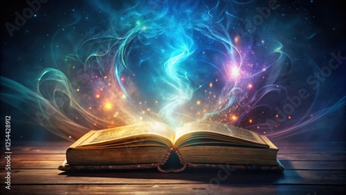 Illuminated ancient tome rests on ornate desk amidst swirling mystical energies, glowing aura