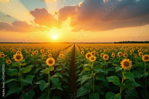 Warm sunlight casts long shadows across a soybean field at dusk, warm, nature, crops