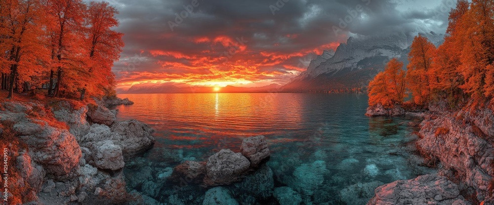 Fototapeta premium Dramatic Sunset Over Water With Colorful Trees