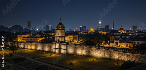 Create an image of Intramuros in Manila at night, with the historic walls and buildings softly illuminated by street lights.