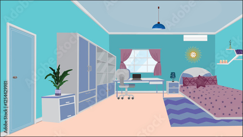 Design of Bedroom with Bed Furniture Window Vector Illustration