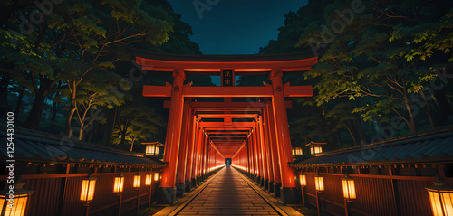 Create an image of the Fushimi Inari Shrine in Kyoto at night, with its iconic red torii gates illuminated by lanterns along the path.